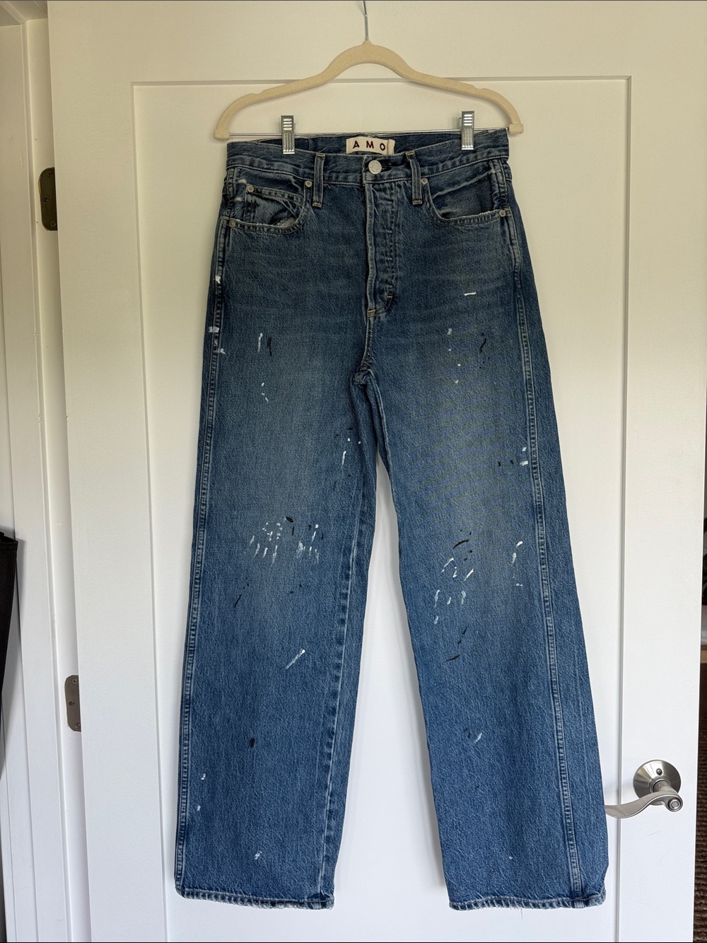 AMO Blue Paint-Splatter Straight Leg Jeans